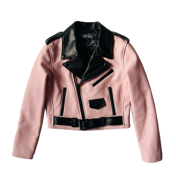 CROPPED BOWERY LEATHER JACKET (BABY PINK & BLACK)