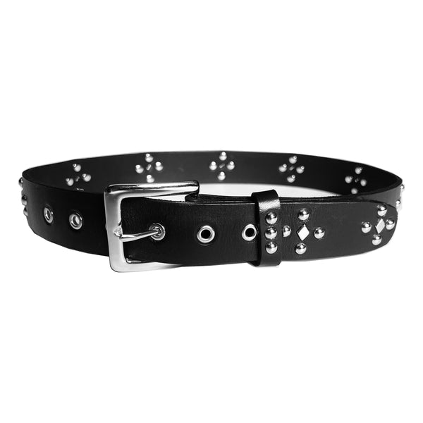 PRIVATE FUTURE BLACK LEATHER DOME & DIAMOND STUDDED BELT