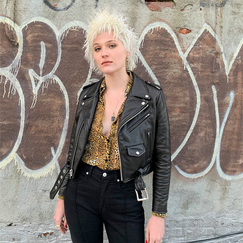 CROPPED BOWERY BLACK LEATHER JACKET (WOMENS)
