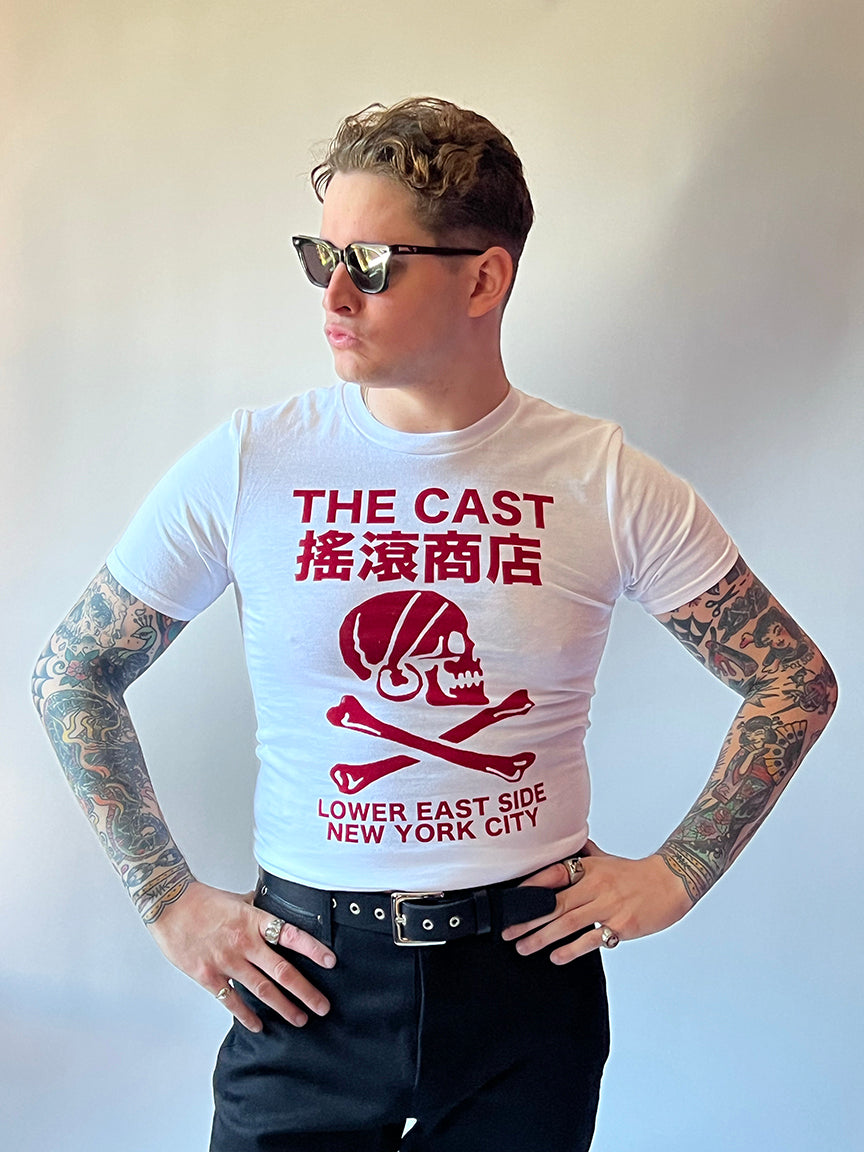 THE CAST NYC SKULL & CROSSBONES T-SHIRT - WHITE T/RED INK
