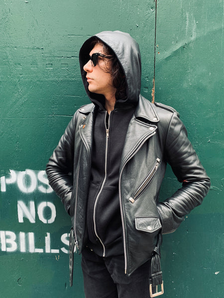 Black hoodie leather jacket online