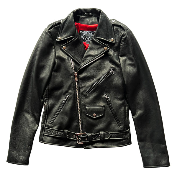BOWERY BLACK LEATHER BIKER JACKET (CRIMSON RED LINING)