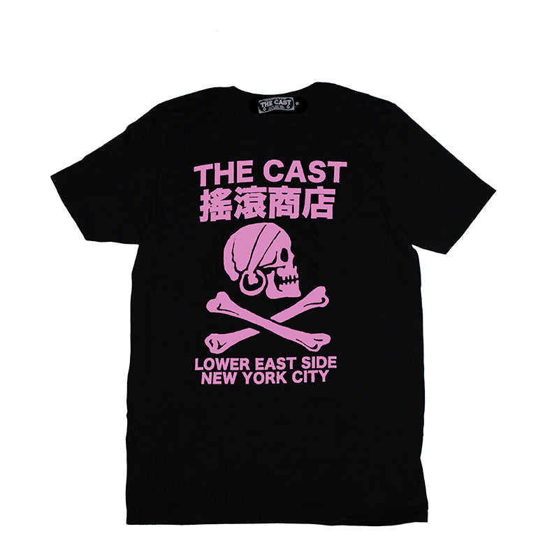 THE CAST NYC SKULL & CROSSBONES T-SHIRT - BLACK W/PINK INK