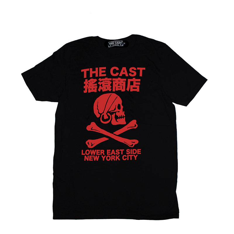 THE CAST NYC SKULL AND CROSSBONES T-SHIRT - BLACK W/RED INK