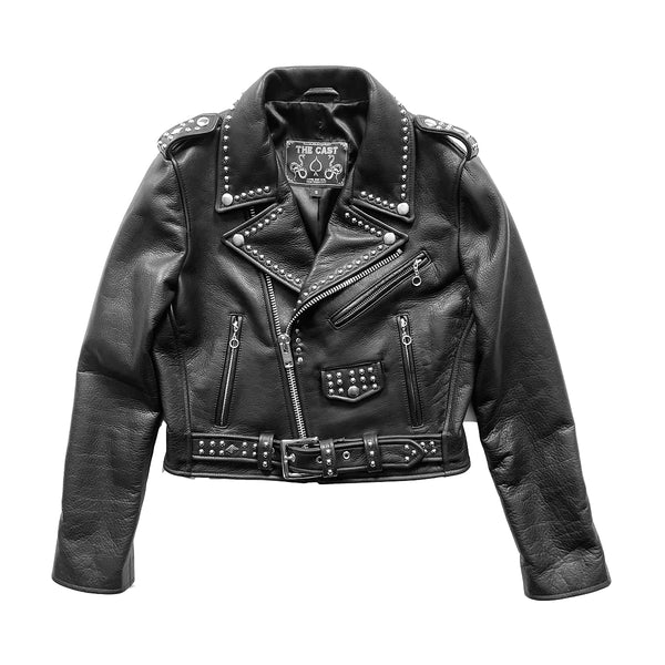 CROPPED STUDDED BOWERY BLACK LEATHER BIKER JACKET (WOMENS)