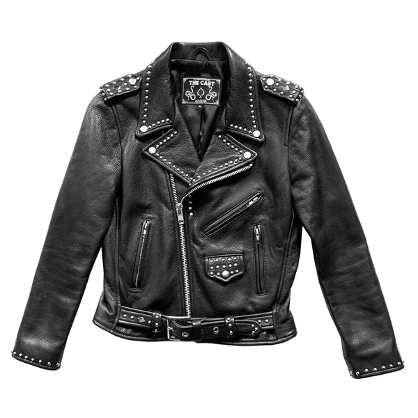 STUDDED BOWERY BLACK LEATHER BIKER JACKET (WOMENS)