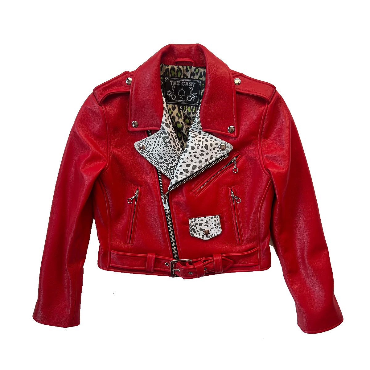CROPPED BOWERY JACKET (RED w/WHITE LEOPARD LAPELS)