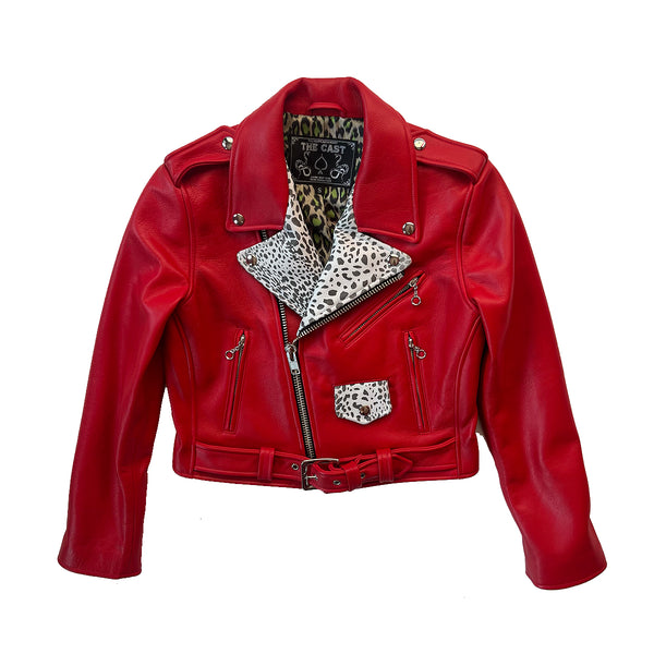 CROPPED BOWERY JACKET (RED w/WHITE LEOPARD LAPELS)