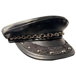 STUDDED LEATHER GREEK HAT WITH CHAIN
