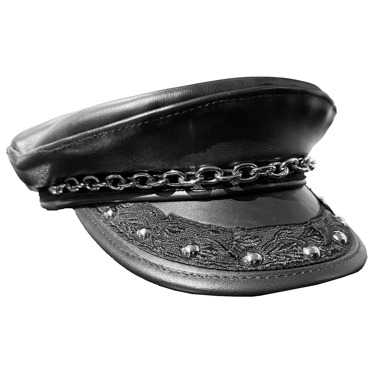STUDDED LEATHER GREEK HAT WITH CHAIN