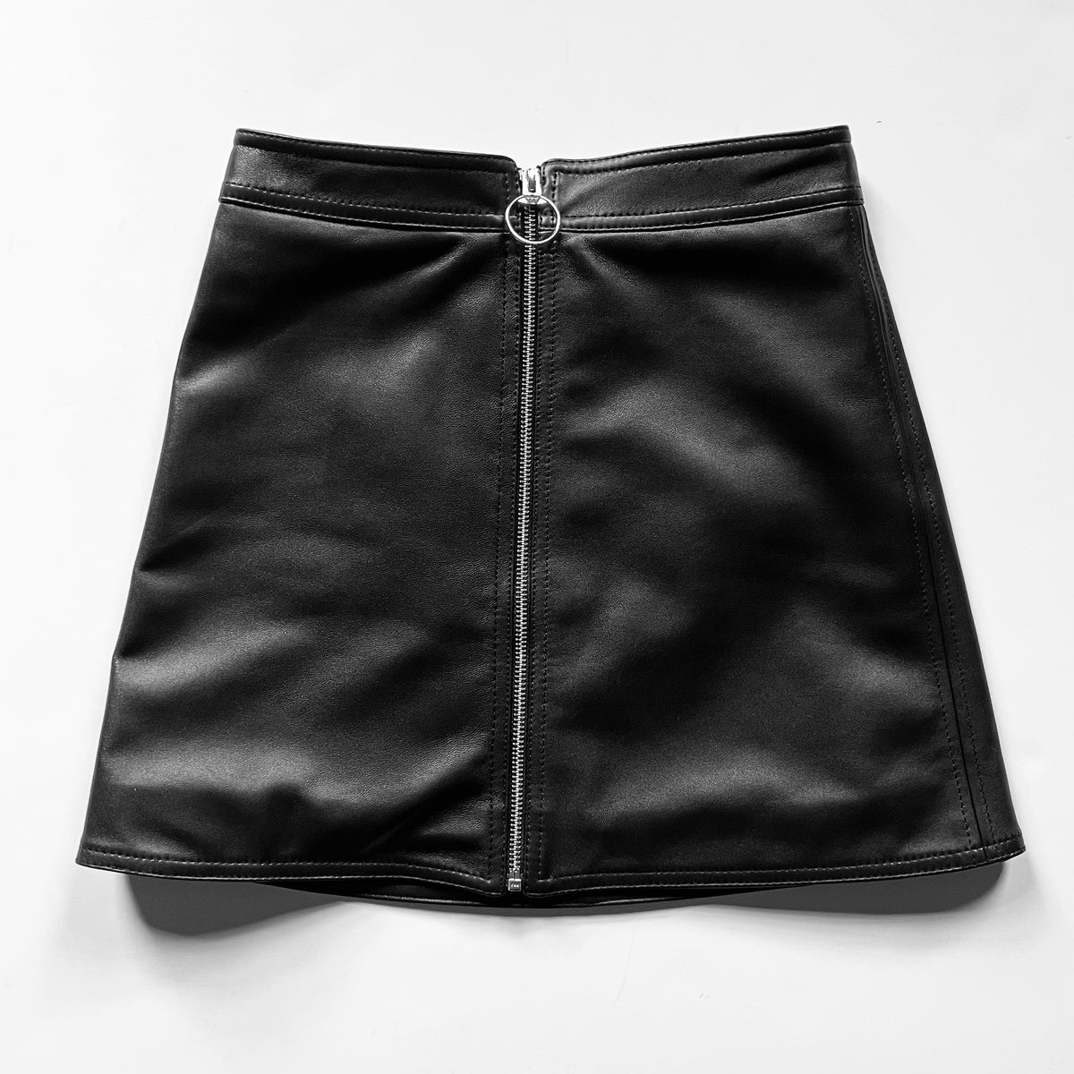 Black Lambskin Leather Front Zip Mini Skirt
